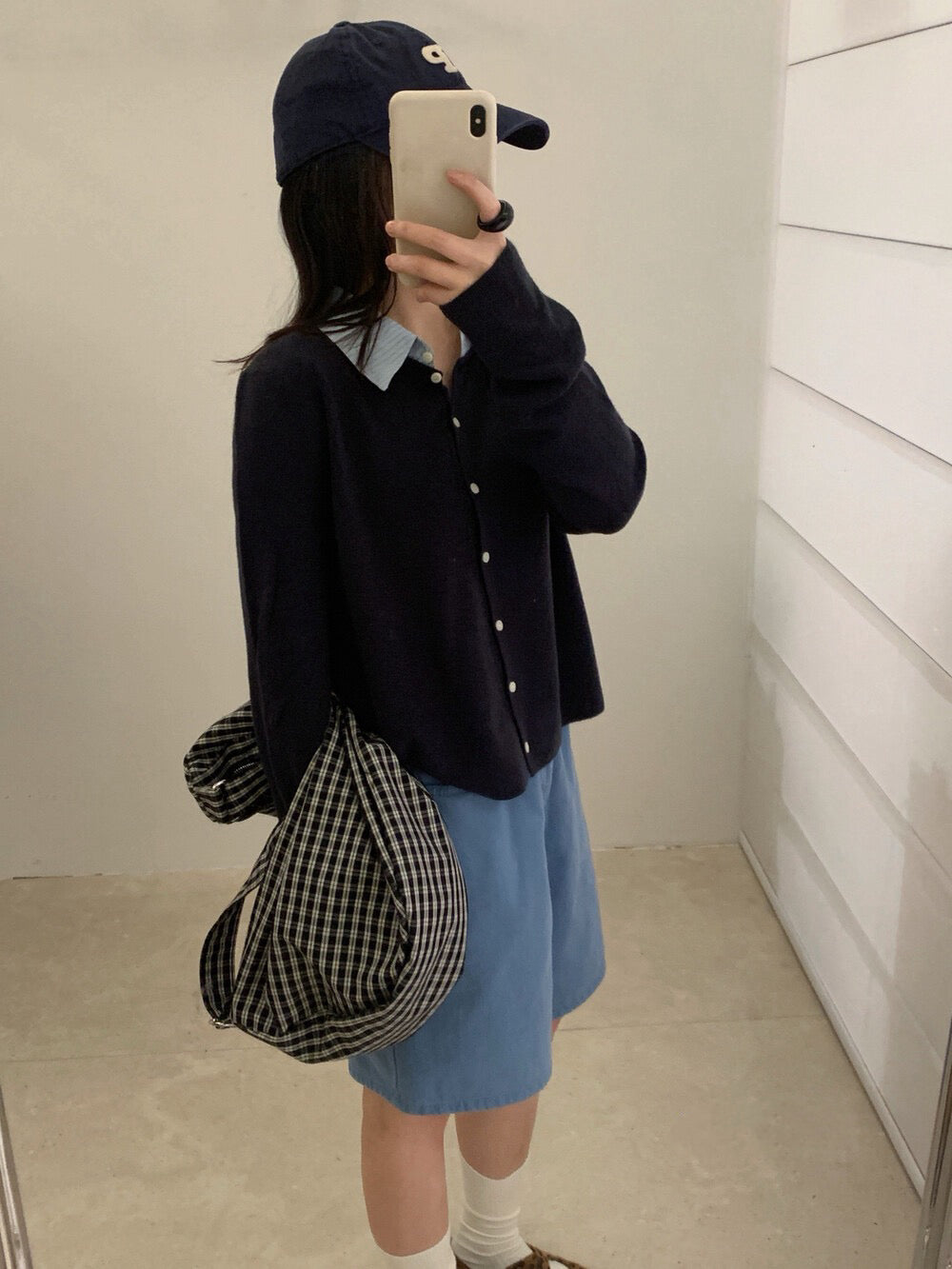 // 拼接間條恤衫領假兩件針織上衣