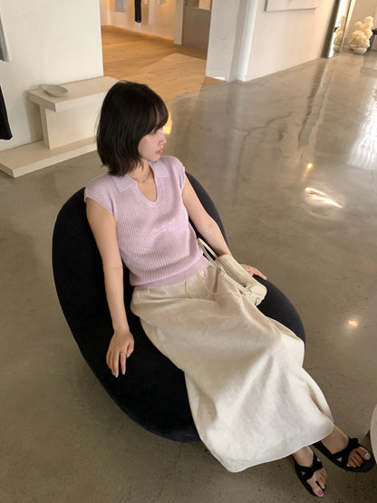 // 竹節麻小U翻領針織上衣