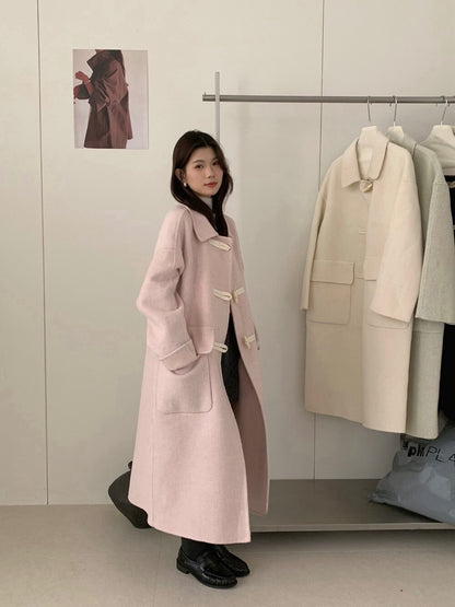 // 100%羊毛大口袋牛角鈕雙面手工長外套