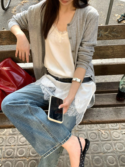 B70 / 拼接lace邊暗花長吊帶