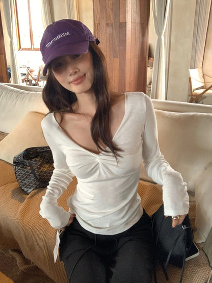 B51 / 小性感褶褶設計彈性長袖TEE