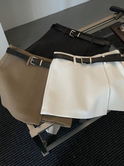 // 10%wool超拉長比例的連腰帶雙層毛呢短裙(內連內裡打底褲)