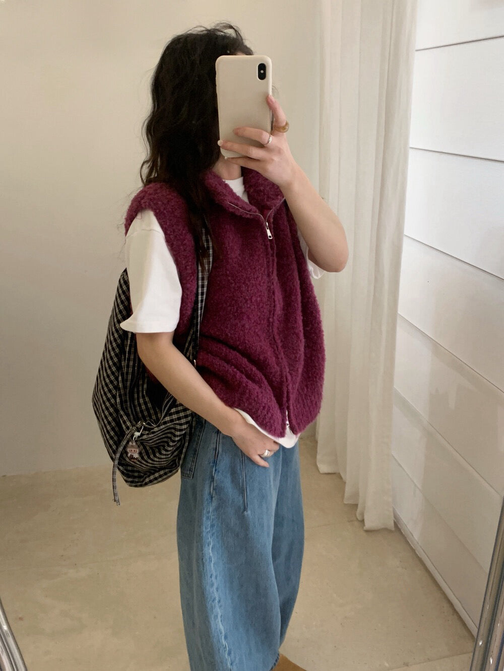 // 9%綿羊毛立領圈圈毛拉鍊背心