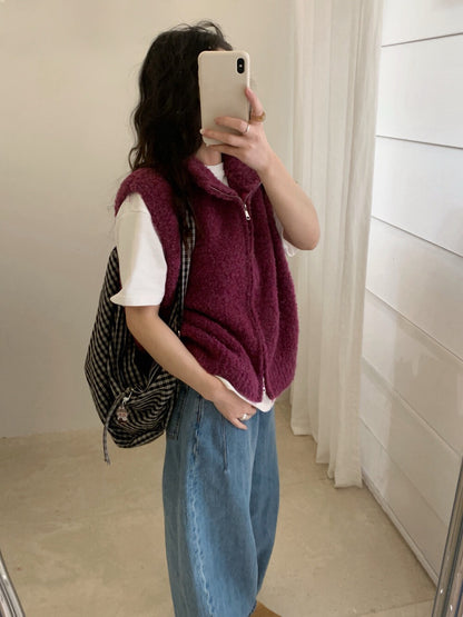 // 9%綿羊毛立領圈圈毛拉鍊背心