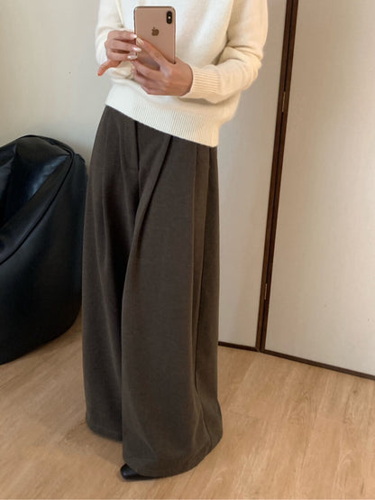 // 超遮肉壓褶闊腳毛呢褲