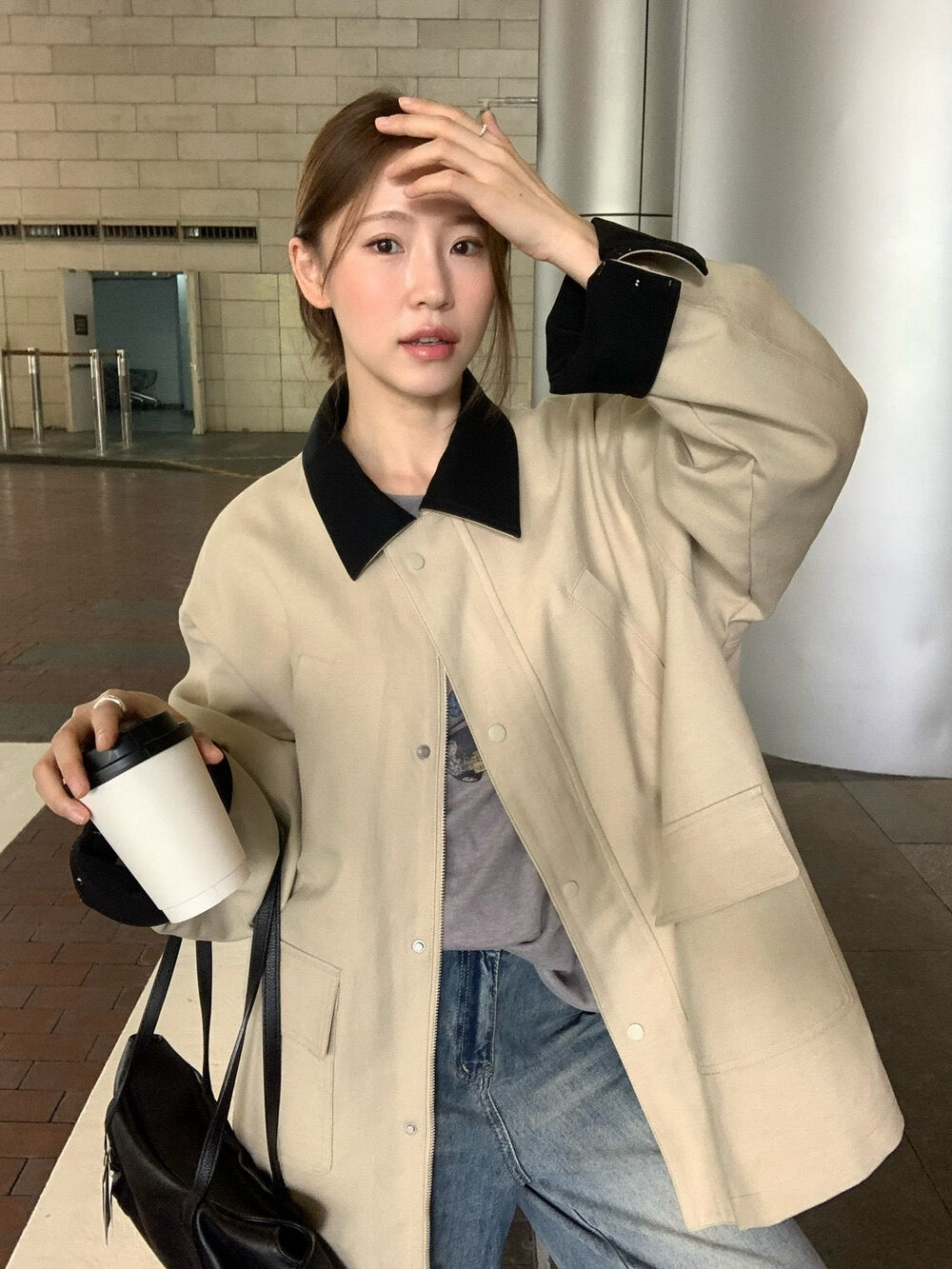 // 經典款撞色領口中長款trench coat