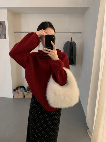 // 20%兔毛雙層荷葉領束袖口毛衣