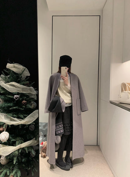 // 70%綿羊毛簡約插肩V領長款手工羊毛外套(連頸巾)