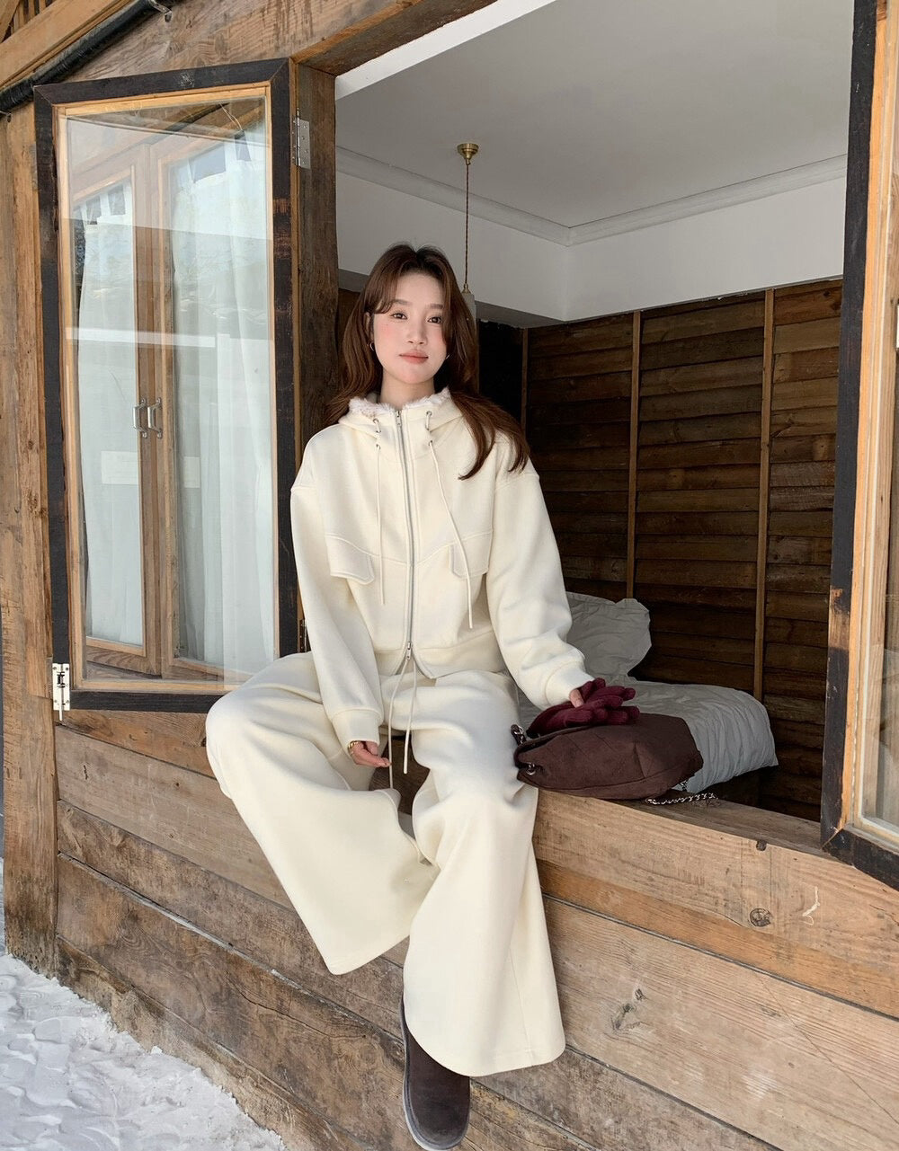 // 連毛毛帽加絨拉鍊外套+橡筋褲套裝