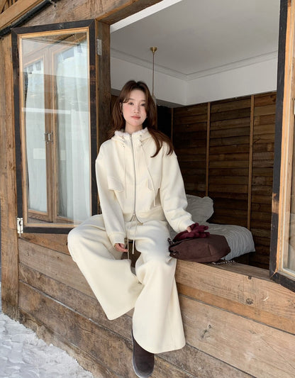 // 連毛毛帽加絨拉鍊外套+橡筋褲套裝