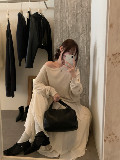 // 超軟糯貂絨斜肩針織上衣