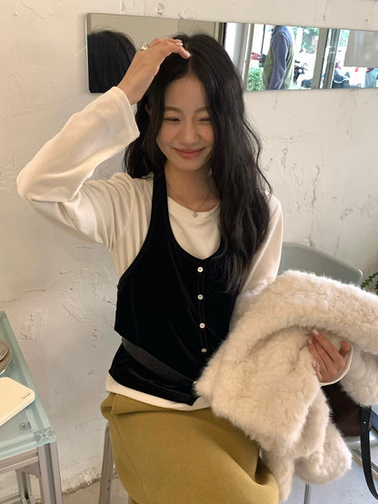 // 超美絲絨掛頸背心+打底上衣套裝