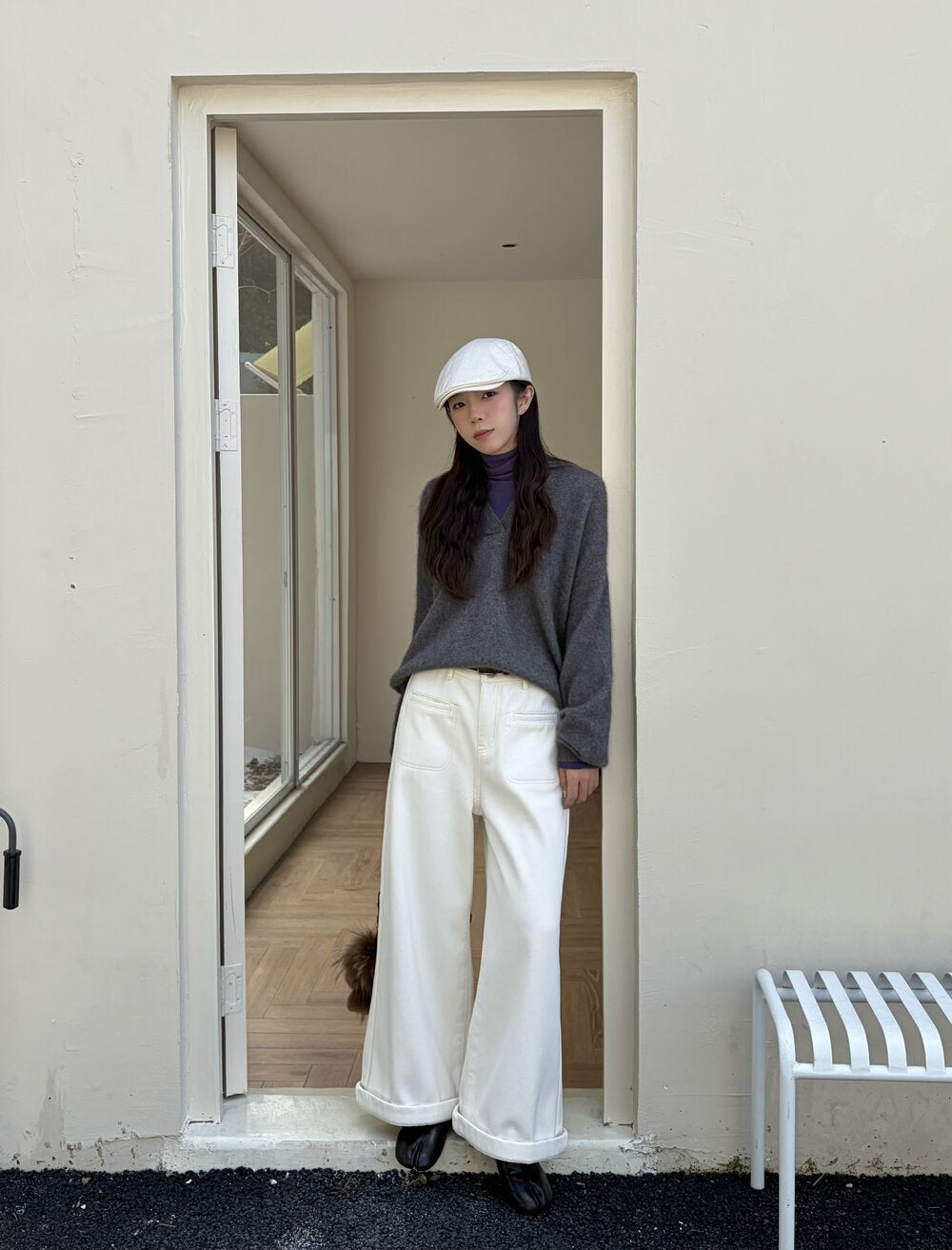 // 雙口袋裝飾加絨卷邊褲(連腰帶)