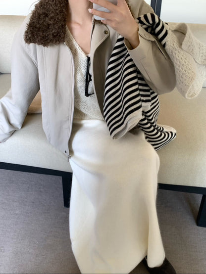 // 拼接卷毛領設計感短外套