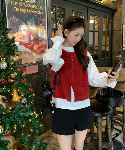 // 簡約鈕扣針織馬甲+花邊袖長袖上衣套裝