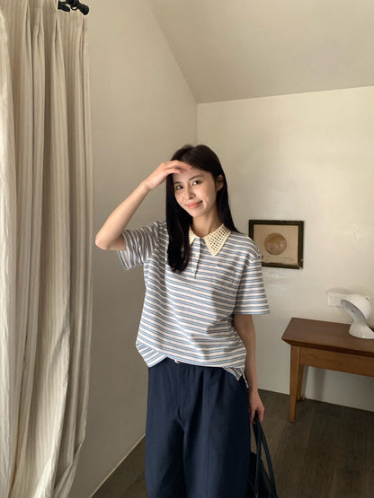 // 拼接針織翻領鈕扣混點間條上衣