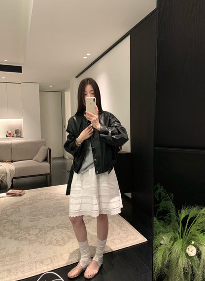 🫘 質感滿分衣擺腰帶立領彷皮外套