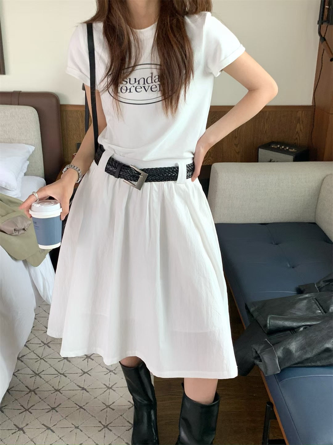 // 法式連腰帶壓褶中長傘裙