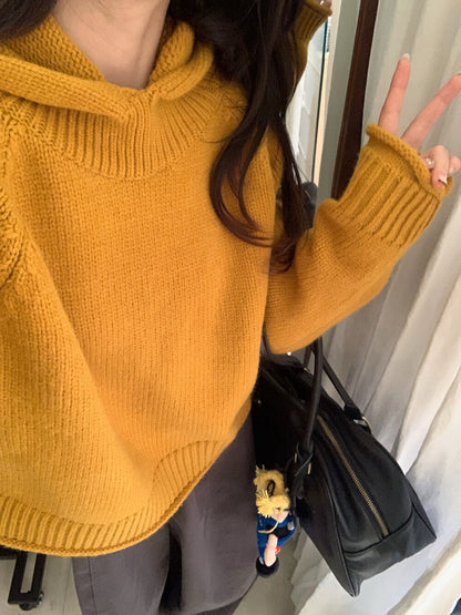 // 粗織紋領位連帽卷卷邊毛衣