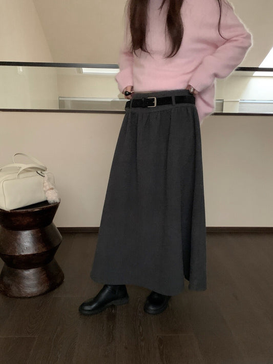 // 7%wool壓褶A字超遮肉半截裙(連腰帶)