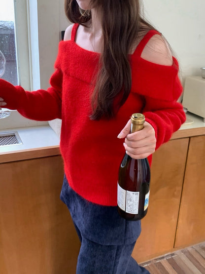 // 聖誕必備一字領肩帶毛衣
