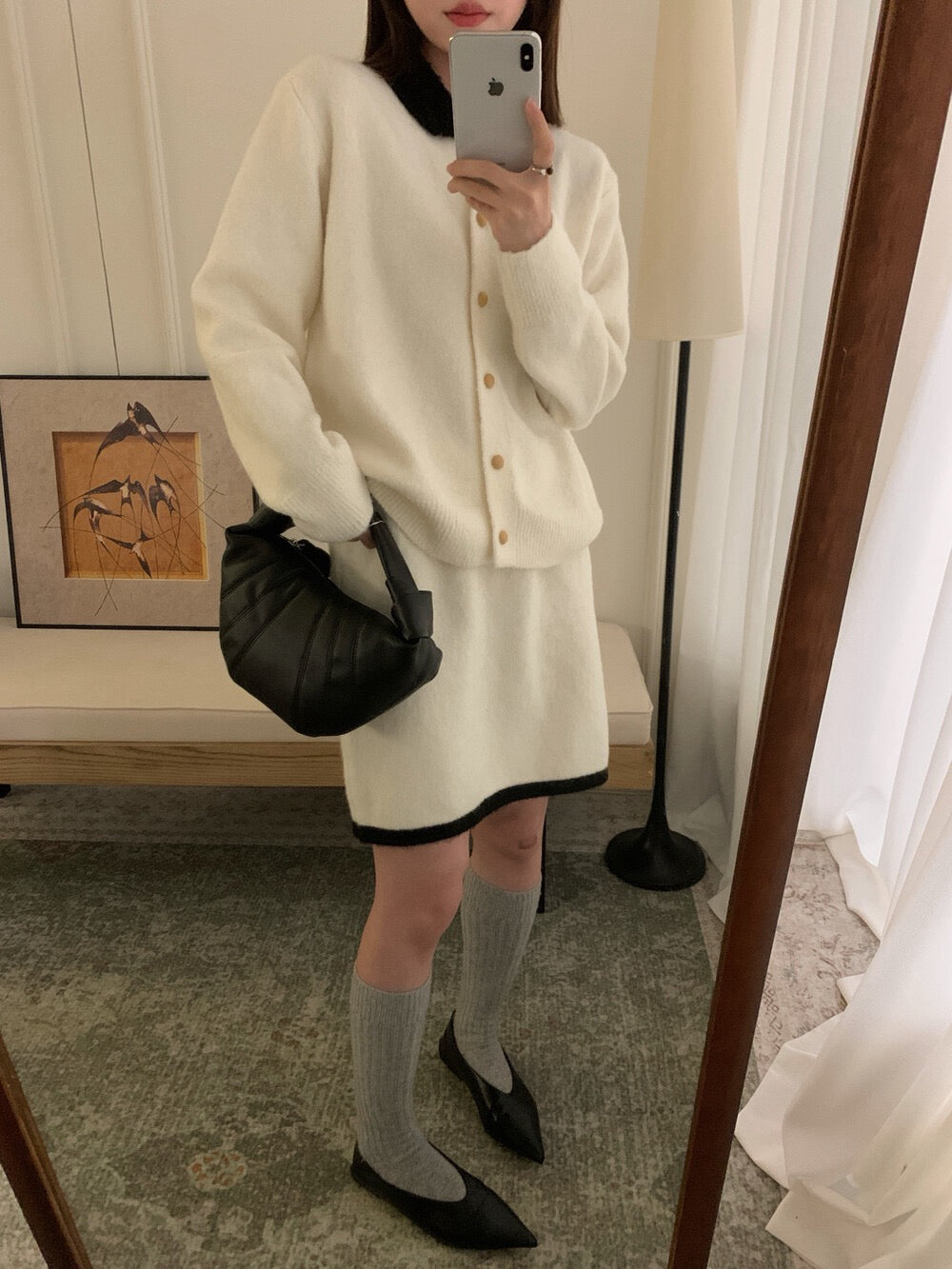 // 撞色領特別鈕扣開胸上衣+裙子套裝