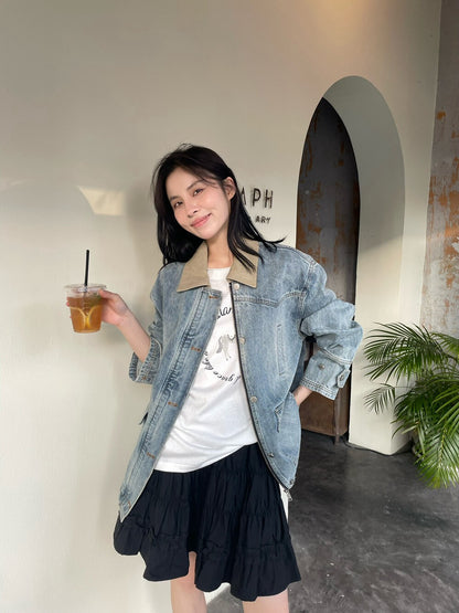 👒 拼色領復古感洗水牛仔外套