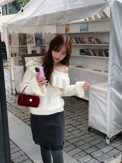 // 小開叉拼lace腳毛呢短裙