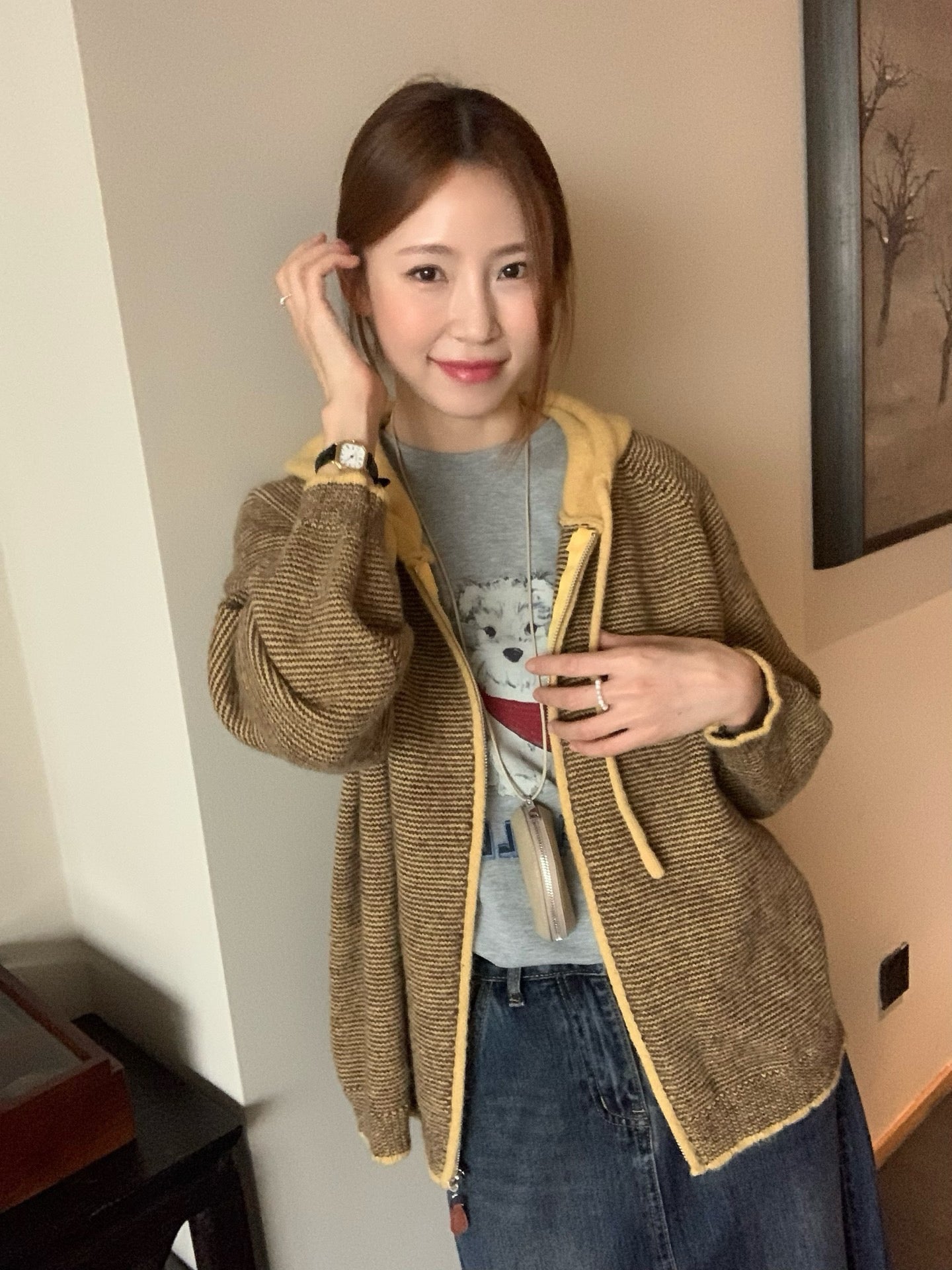 // 拼色連帽細間條拉鍊CD