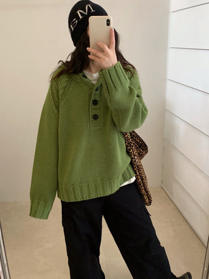 // 麻花肩線半鈕扣連帽慵懶毛衣