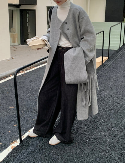 // 100%wool簡約圓領手工雙面長外套(連頸巾)