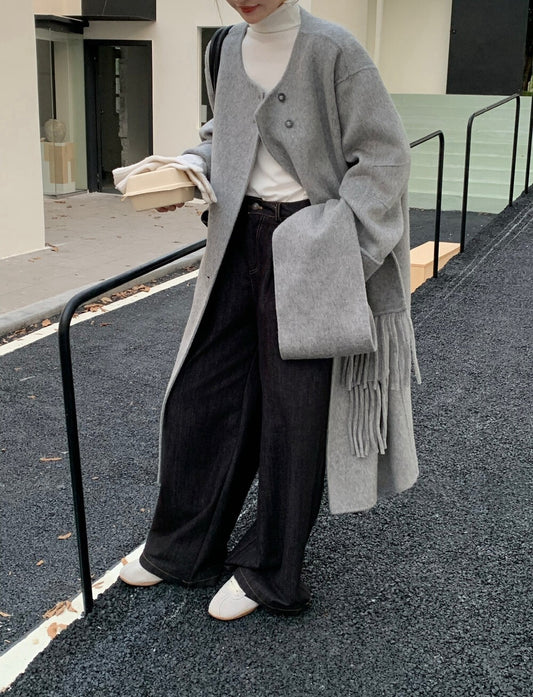 // 100%wool簡約圓領手工雙面長外套(連頸巾)