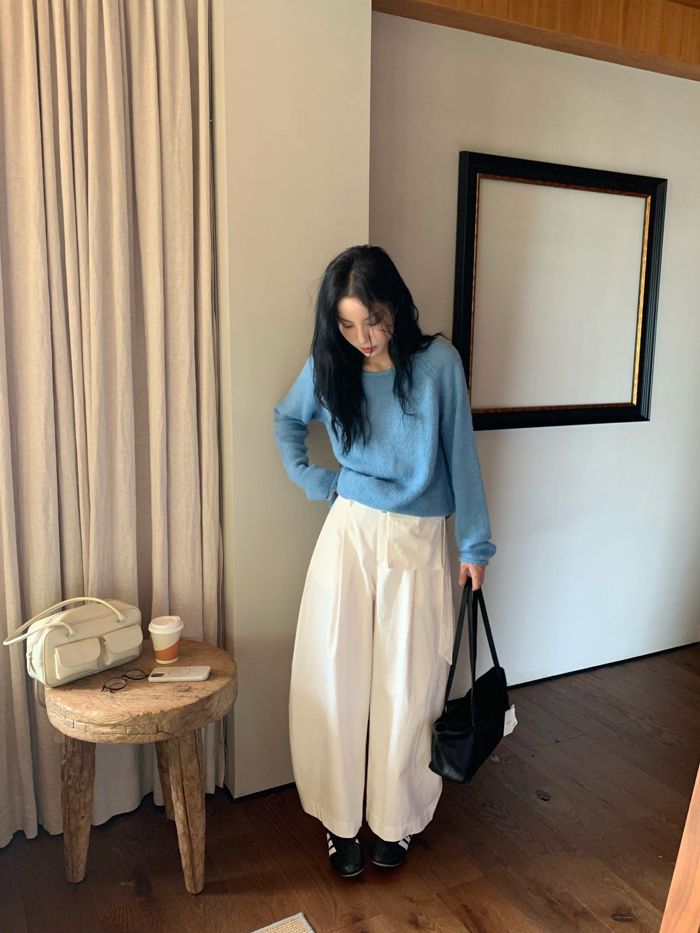 // 超美色系慵懶落肩針織上衣