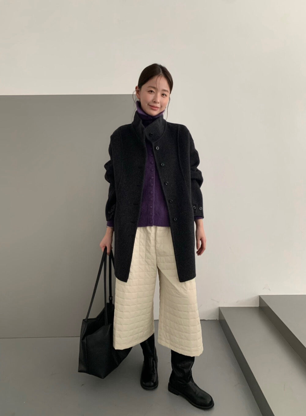 // 100%羊毛小立領排扣連腰帶雙面手工外套