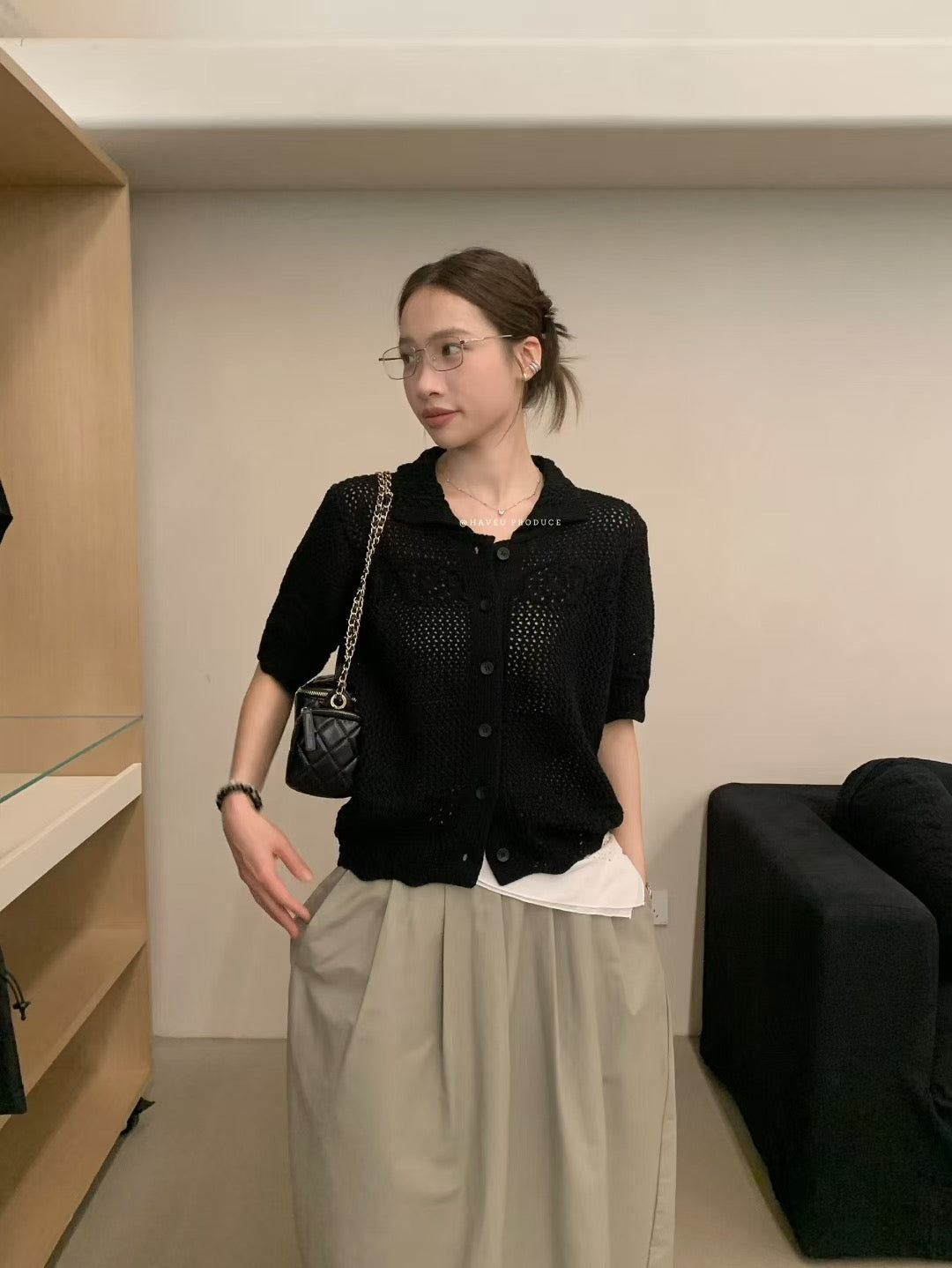 // 高質純棉鈎織花紋翻領上衣