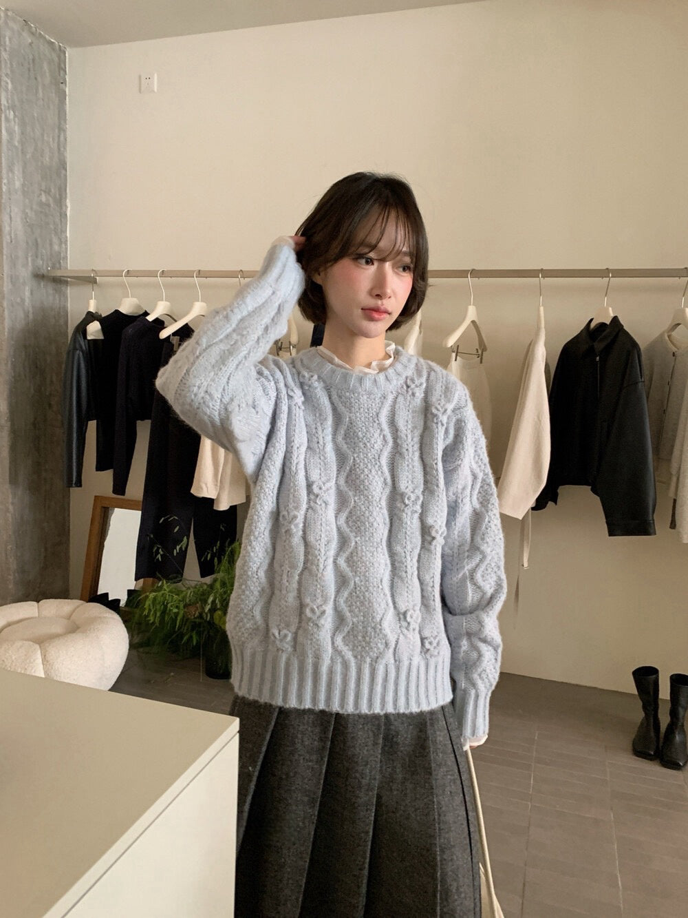 // 絕美蝴蝶結織紋麻花毛衣