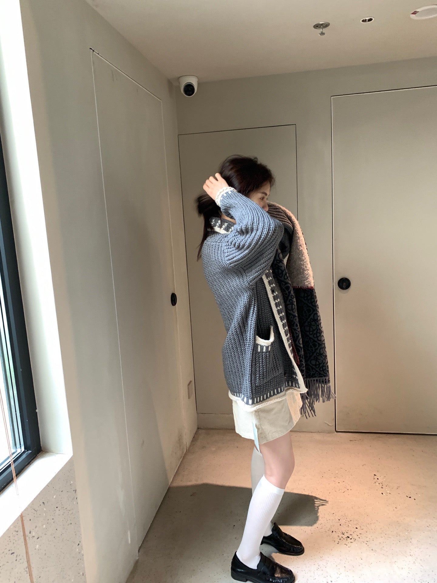 // 撞色織紋包邊翻領中長冷外套