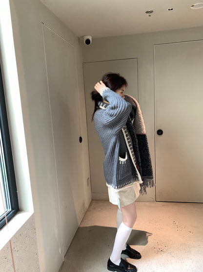 // 撞色織紋包邊翻領中長冷外套