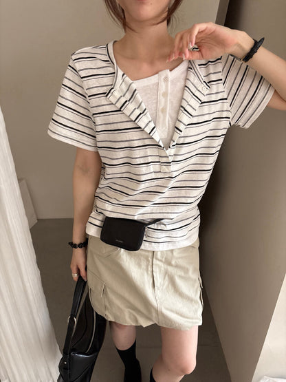 // 設計感假兩件鈕扣TEE