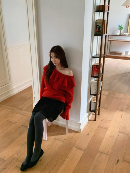 // 小開叉拼lace腳毛呢短裙