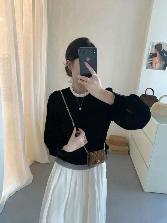 // 氣質絲絨花邊領後綁帶拼lace腳BL