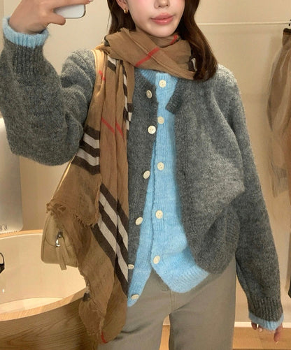 C82 / 撞色假兩件排扣圓領冷外套(8%WOOL)