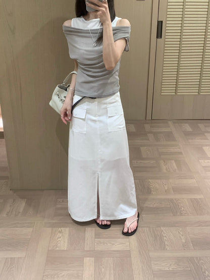 H06 / 極顯瘦口袋前開叉直筒SK(連腰帶)