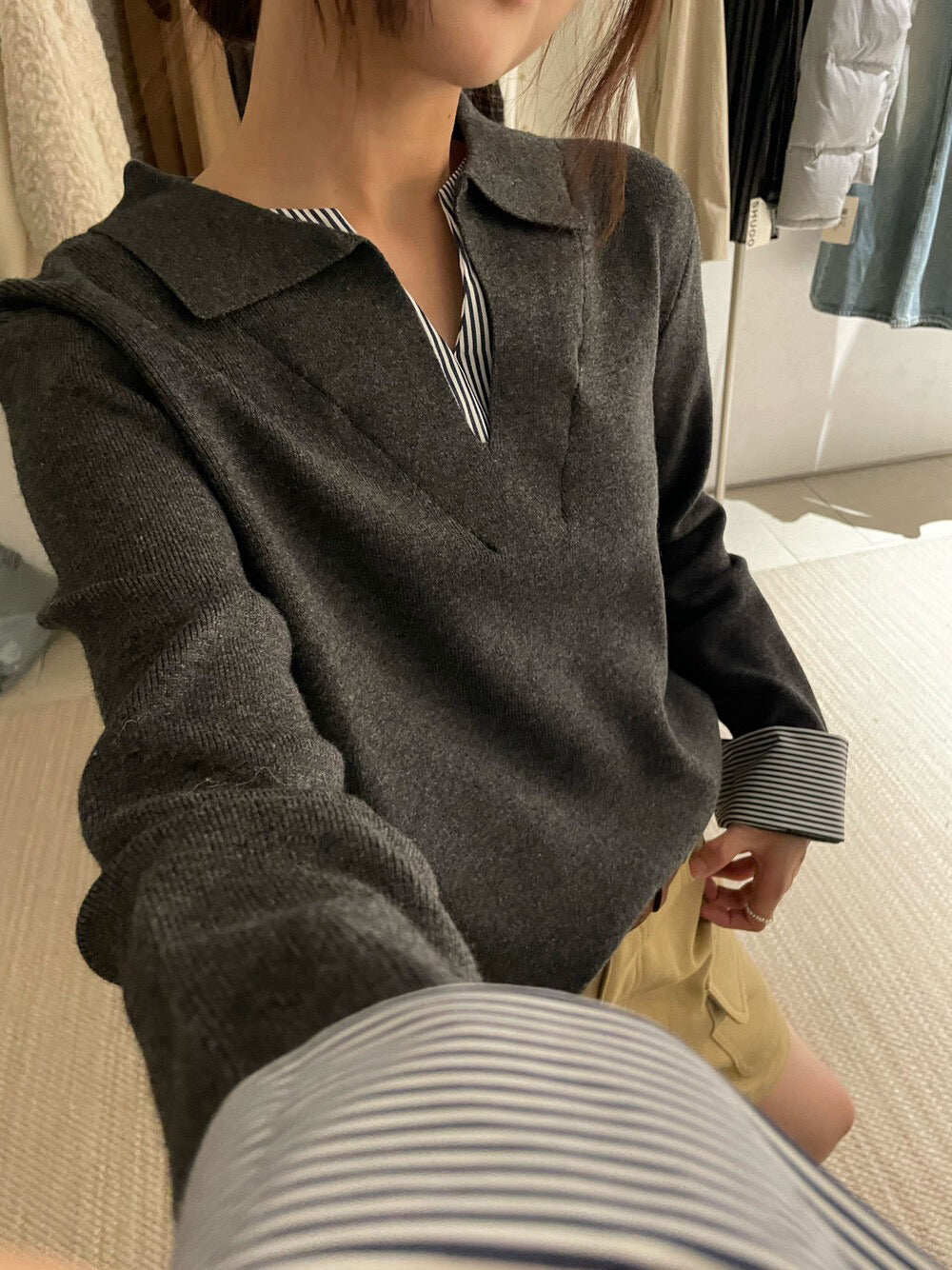 // 極簡風拼接間條恤衫假兩件翻領NT