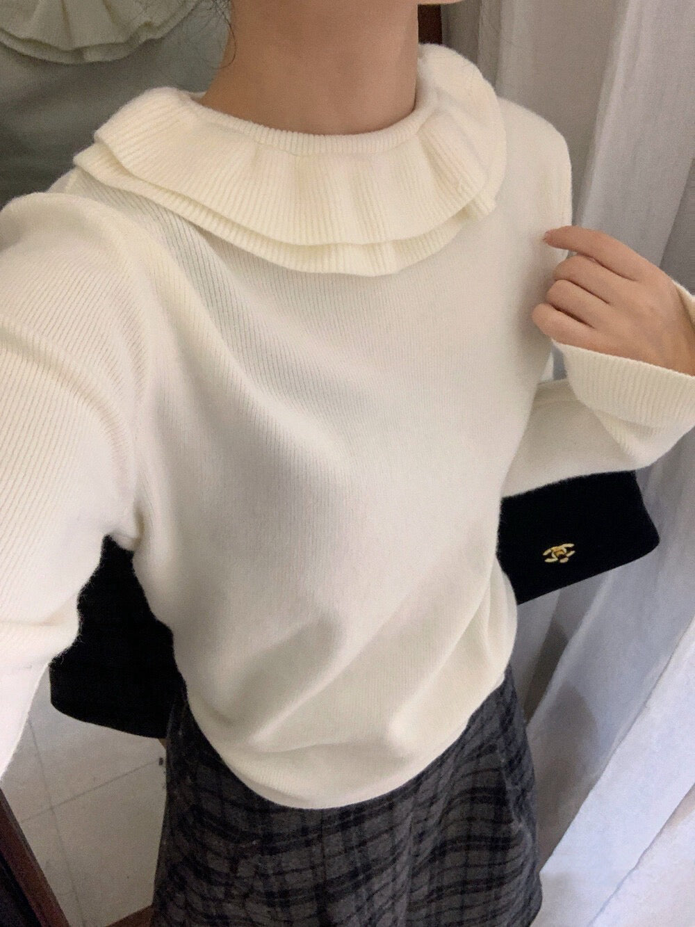 // 法式雙層花邊領+袖針織上衣