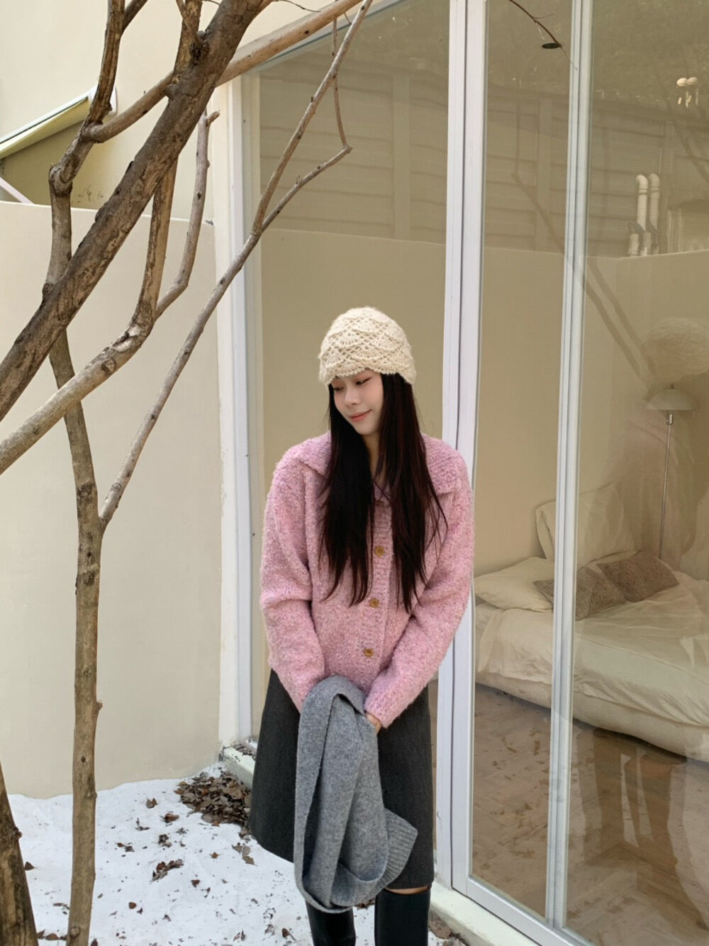 // “草莓牛奶”混針翻領開鈕毛衣