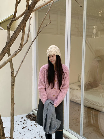 // “草莓牛奶”混針翻領開鈕毛衣