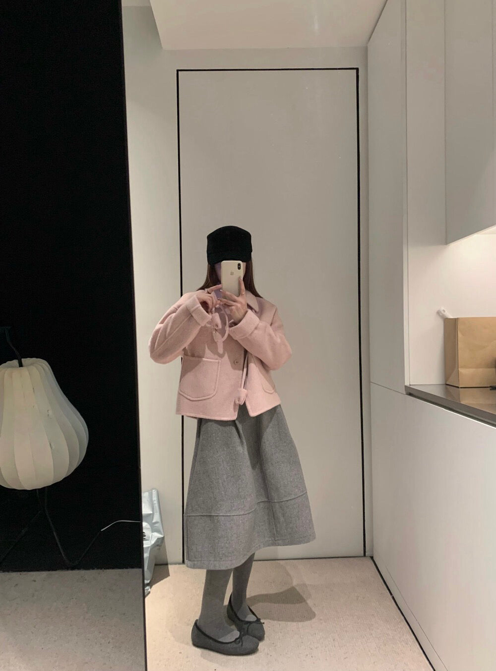 // 100%wool翻領雙口袋短款雙面手工羊毛外套(連頸繩掛飾)