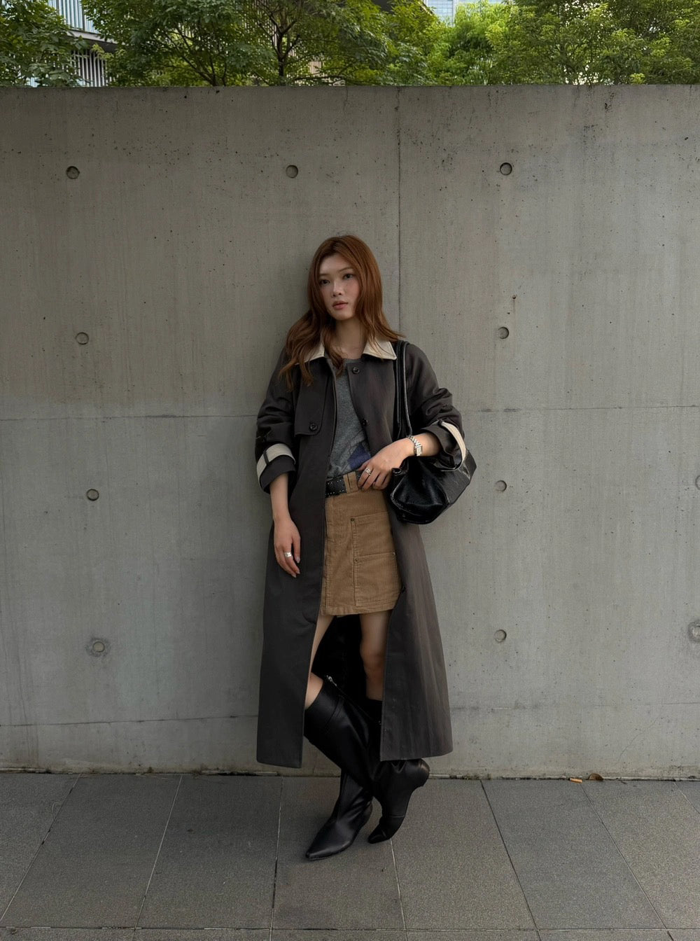 J26 / 撞色翻領復古長款trench coat