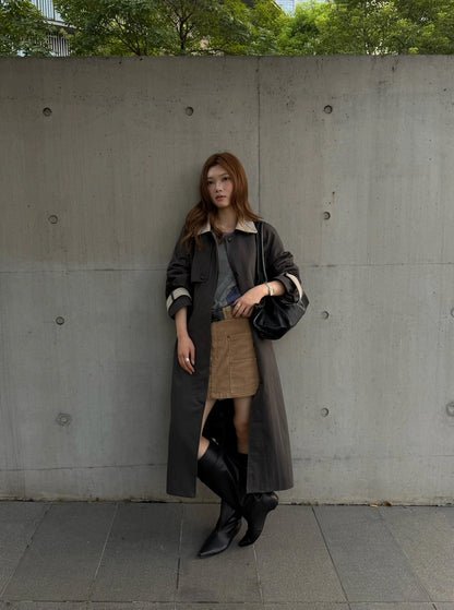 J26 / 撞色翻領復古長款trench coat